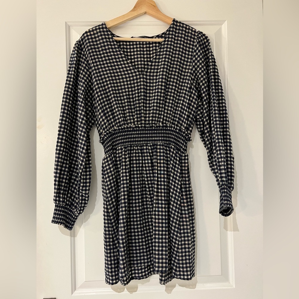 Zara, Navy and taupe gingham print midi dress, Small